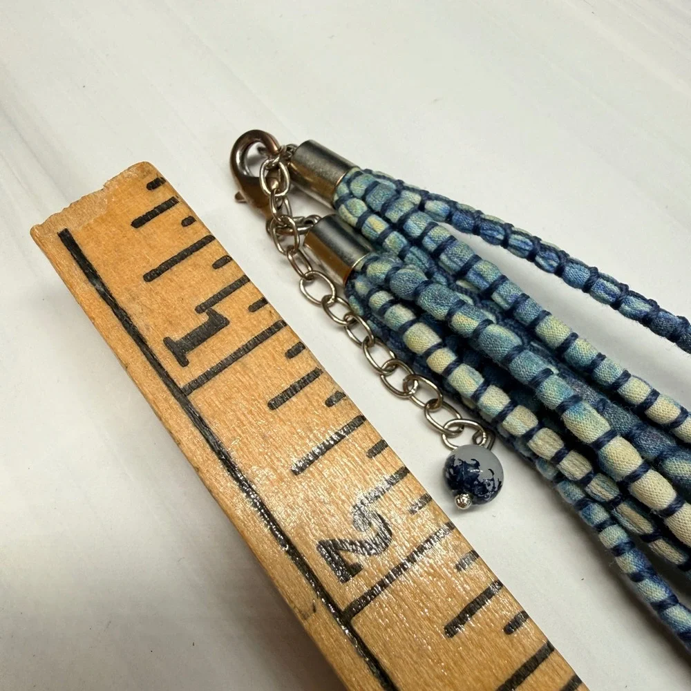 Indigo Blue Tie Dye Cloth Bead Multi Strand Statement Necklace Boho 5 Strand